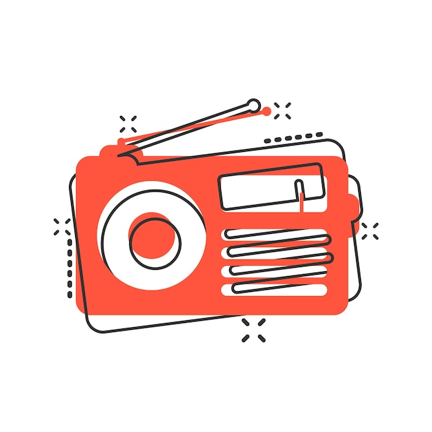 Icono de radio en estilo cómico Ilustración de vector de dibujos animados de transmisión Fm sobre fondo blanco aislado Concepto de negocio de efecto de salpicadura de radiodifusión