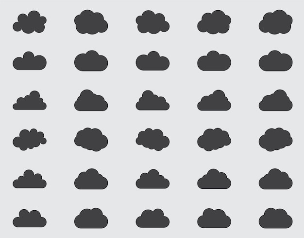 Icono de ráfaga de vector de nube establecido en color negro sobre fondo blanco Colección de ilustraciones planas de cielo para arte web y diseño de aplicaciones Símbolos meteorológicos de nubes de diferente naturaleza