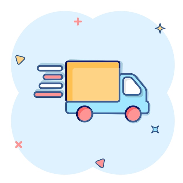 Icono rápido de envío en estilo cómic Ilustración de vector de dibujos animados de camión de entrega sobre fondo aislado Concepto de negocio de signo de efecto de salpicadura logística exprés