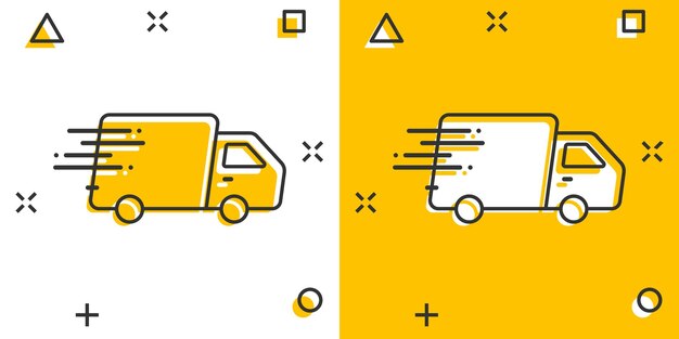 Icono rápido de envío en estilo cómic Ilustración de vector de dibujos animados de camión de entrega sobre fondo aislado