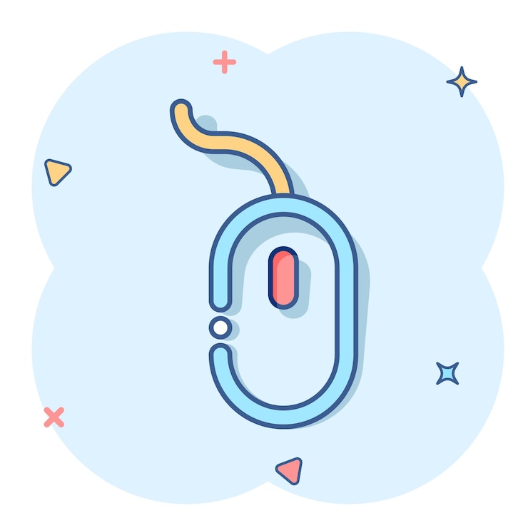 Vector icono de ratón de computadora de dibujos animados vectoriales en estilo cómico pictograma de ilustración de signo de cursor de computadora concepto de efecto de salpicadura de negocio de ratón