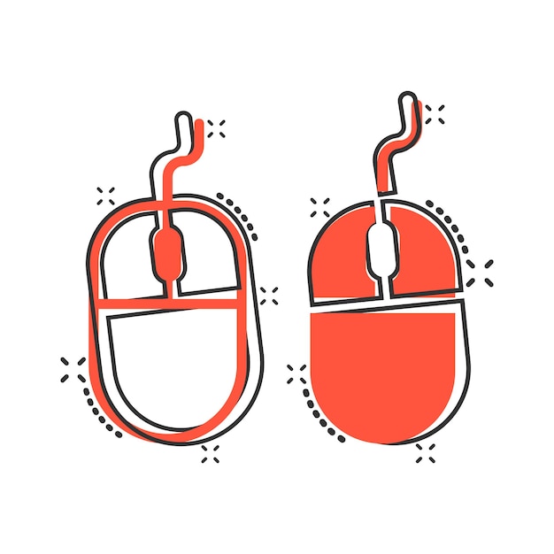 Icono de ratón de computadora en estilo cómico Ilustración vectorial de dibujos animados del cursor en fondo blanco aislado Efecto de salpicaduras del puntero Concepto de negocio