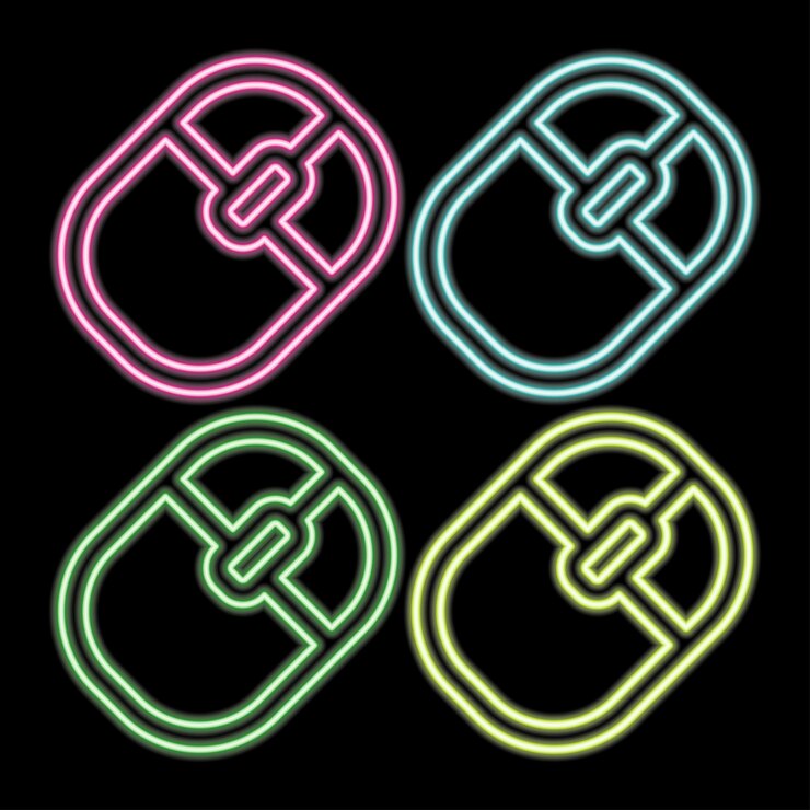 Vector icono de ratón de computadora de línea de neón brillante aislado sobre fondo oscuro óptico con símbolo de rueda ilustración vectorial