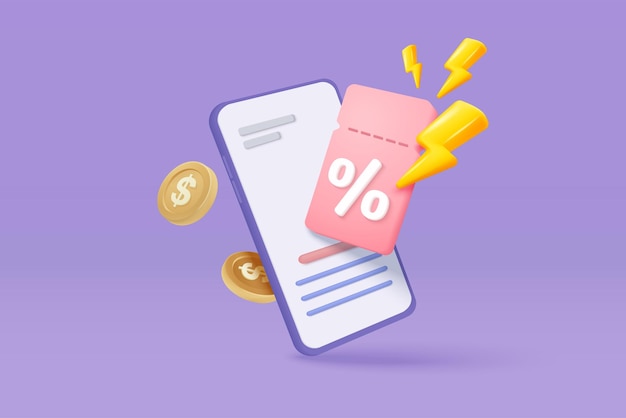 Icono de rayo 3D con cupón para venta y compras en línea cupón de descuento en teléfono móvil relámpago en aviso de alerta oferta especial promoción etiquetas de precios 3D icono vector render ilustración