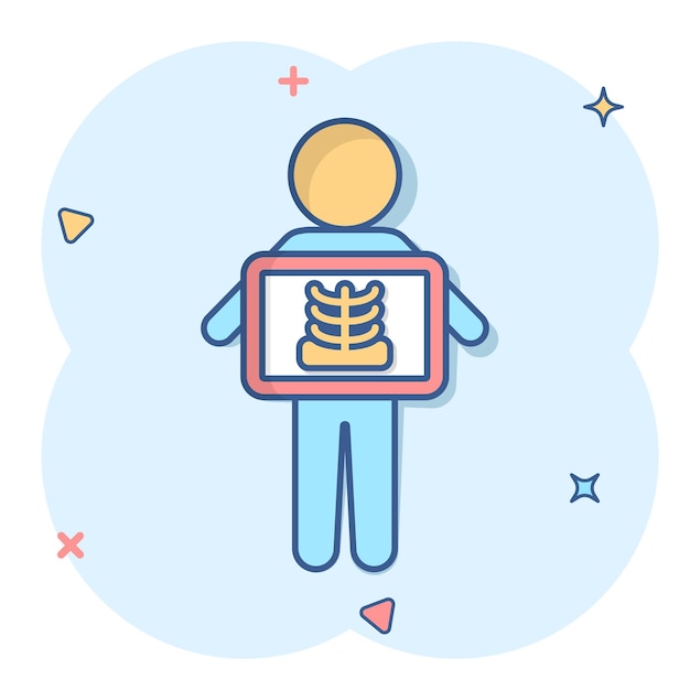 Icono de rayos X en estilo cómic Ilustración de vector de dibujos animados de radiología sobre fondo blanco aislado Concepto de negocio de efecto de salpicadura de exploración médica