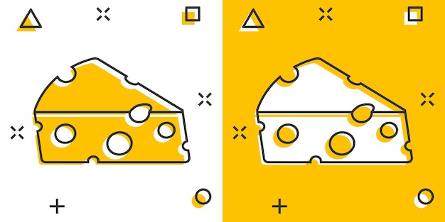 Icono de rebanada de queso en estilo cómic ilustración de vector de dibujos animados de alimentos de leche sobre fondo aislado concepto de negocio de signo de efecto de salpicadura de desayuno