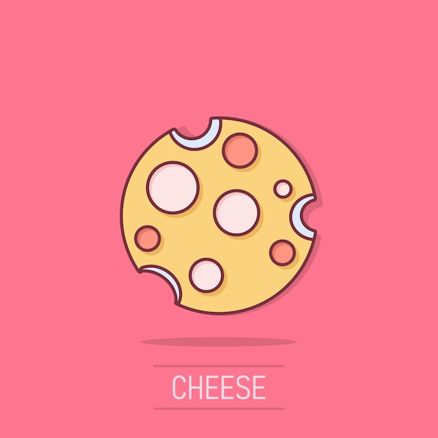 Icono de rebanada de queso en estilo cómico Ilustración vectorial de dibujos animados de comida láctea en un fondo aislado Efecto de salpicaduras de desayuno