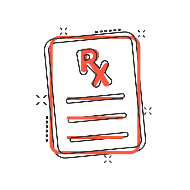 Icono de receta en estilo cómico documento Rx ilustración vectorial de dibujos animados en fondo blanco aislado concepto de negocio de efecto salpicadura de papel