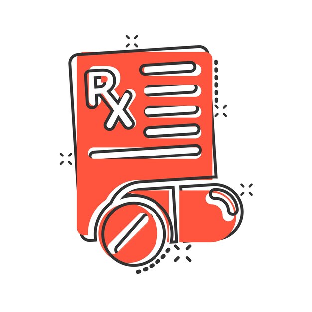 Icono de receta en estilo cómico documento Rx ilustración vectorial de dibujos animados en fondo blanco aislado concepto de negocio de efecto salpicadura de papel