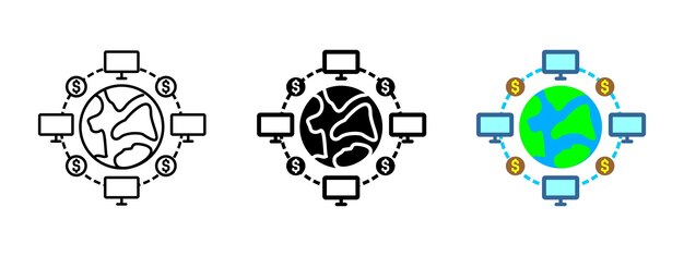 Icono de red financiera global Mapa mundial digital con computadoras y signos de dólar Símbolo de transacciones globales criptomoneda y cadena de bloques Ilustración del concepto de comercio e inversión en línea