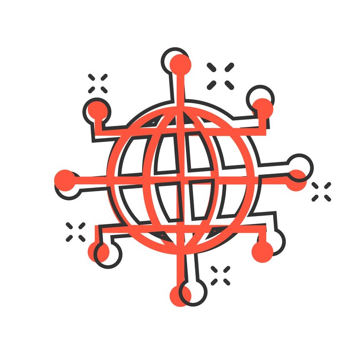 Vector icono de red global en estilo cómic ilustración de dibujos animados de vector de mundo cibernético sobre fondo blanco aislado efecto de salpicadura de concepto de negocio de tierra