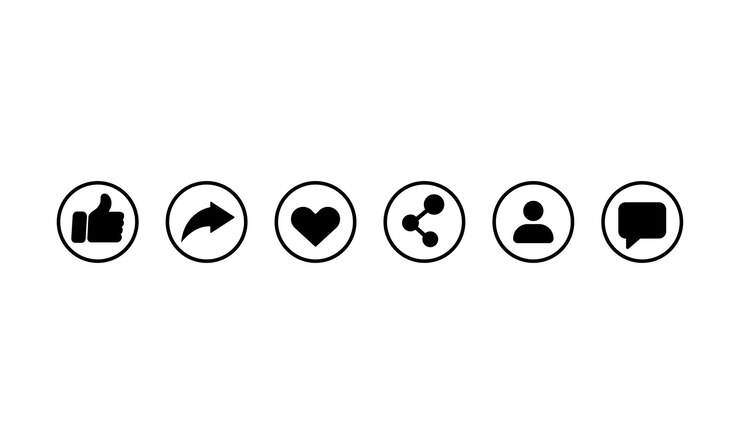 Icono de red social en negro. Me gusta, compartir, corazón, seguir, signo de mensaje. Vector EPS 10. Aislado sobre fondo blanco.