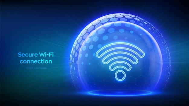 El icono de la red Wi-Fi dentro del escudo de esfera de protección transparente con patrón hexagonal