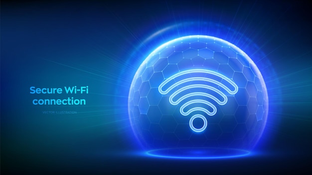 El icono de la red Wi-Fi dentro de la esfera de protección transparente escudo con patrón hexagonal Wi-Fi seguro