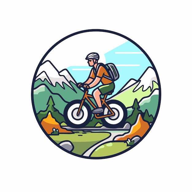 Vector icono redondo de ciclismo de montaña ilustración vectorial de un ciclista de montaña montado en una bicicleta de montaña