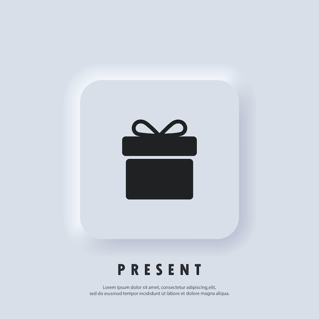 Icono de regalo. Icono de caja de regalo. Presente para aniversario, cumpleaños, navidad, año nuevo. Vector. Botón web de interfaz de usuario blanco Neumorphic UI UX. Neumorfismo