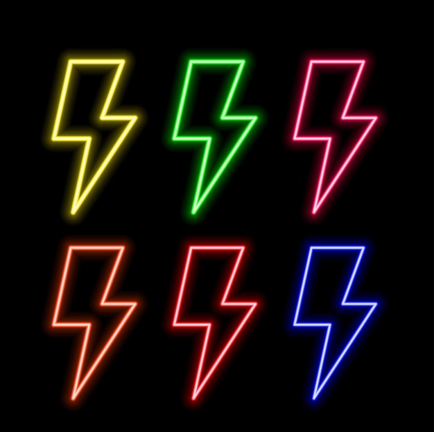 Icono de relámpago de neón Luminoso neón señal de tormenta eléctrica descarga eléctrica en colores vívidos Bri