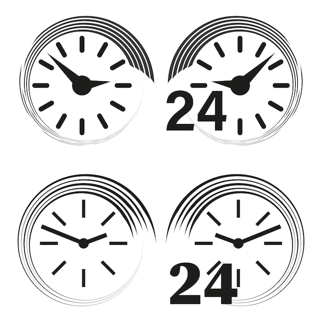 Ícono del reloj 24 Vector del símbolo del tiempo Hora en blanco y negro Ilustración redonda simple