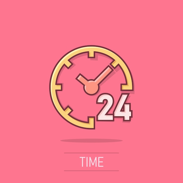 Vector icono del reloj 247 en estilo cómico vea la ilustración vectorial de dibujos animados en un fondo aislado concepto de negocio del efecto de salpicaduras del temporizador