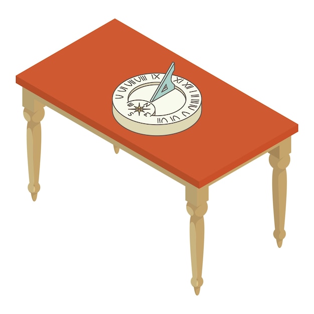 Icono de reloj antiguo vector isométrico reloj de sol horizontal vintage en mesa de madera concepto de tiempo del reloj solar