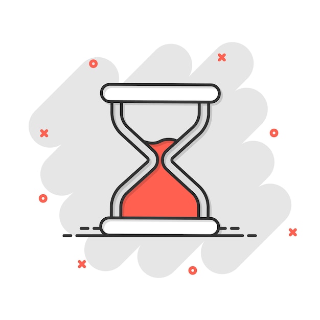 Icono de reloj de arena en estilo cómic Ilustración de vector de dibujos animados de reloj de arena sobre fondo blanco aislado Concepto de negocio de efecto de salpicadura de reloj