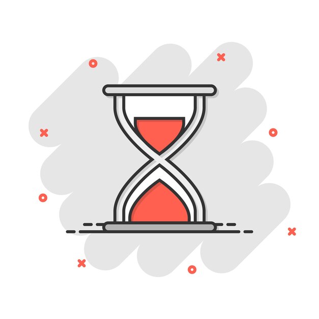 Icono de reloj de arena en estilo cómic Ilustración de vector de dibujos animados de reloj de arena sobre fondo blanco aislado Concepto de negocio de efecto de salpicadura de reloj