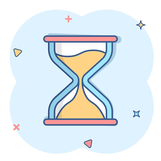 Icono de reloj de arena en estilo cómic Ilustración de vector de dibujos animados de reloj de arena sobre fondo blanco aislado Concepto de negocio de efecto de salpicadura de reloj