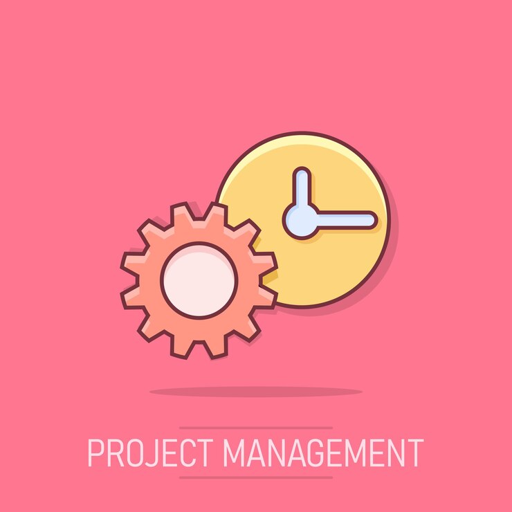 Vector icono de reloj de dibujos animados vectoriales en estilo cómico ilustración de letrero de gestión de proyectos pictograma timer con engranaje concepto de efecto de salpicaduras de negocio