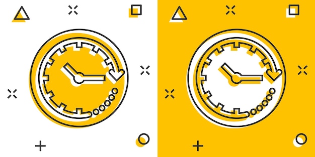 Icono de reloj en estilo cómic Ver ilustración de vector de dibujos animados sobre fondo blanco aislado Concepto de negocio de efecto de salpicadura de temporizador