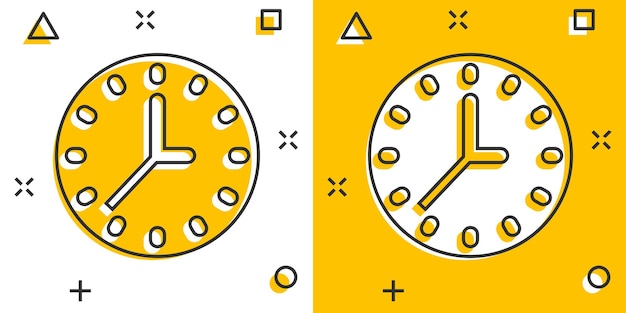 Icono de reloj en estilo cómic Ver ilustración de vector de dibujos animados sobre fondo blanco aislado Concepto de negocio de efecto de salpicadura de temporizador