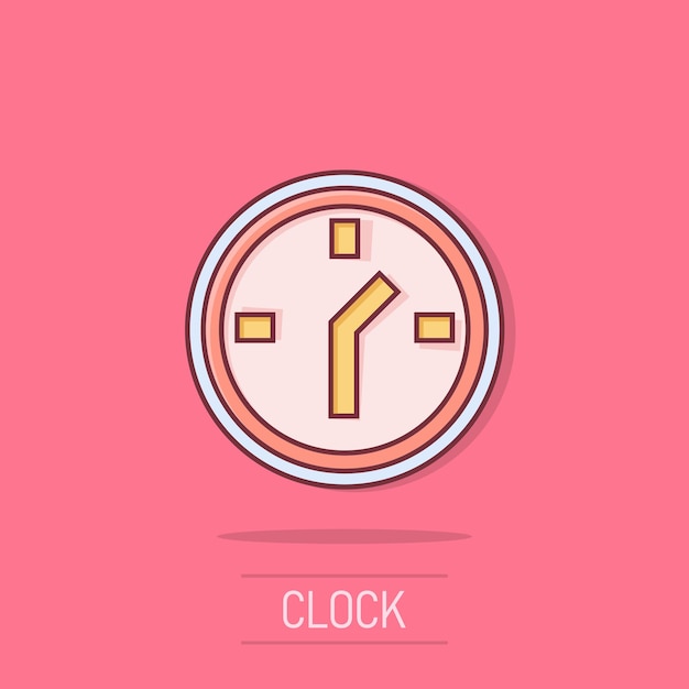Icono de reloj en estilo cómic Ver ilustración vectorial de dibujos animados en un fondo aislado Timer efecto salpicaduras concepto de negocio