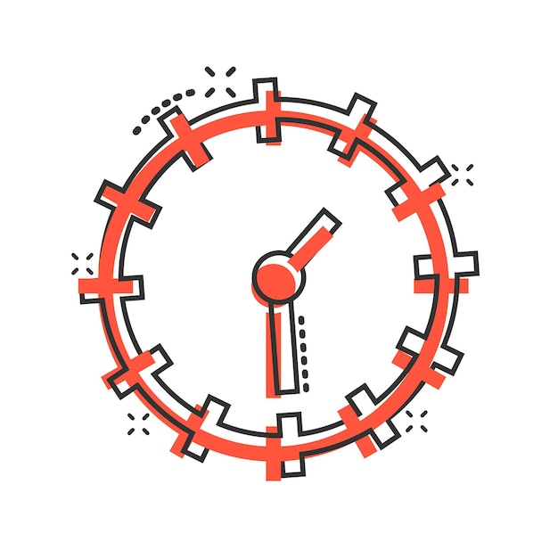 Icono de reloj en estilo cómic Ver ilustración vectorial de dibujos animados en fondo blanco aislado Timer efecto salpicaduras concepto de negocio