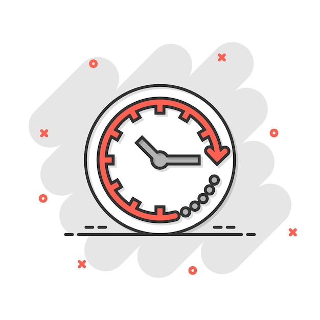 Icono de reloj en estilo cómico Ver ilustración vectorial de dibujos animados sobre fondo blanco aislado Concepto de negocio de efecto de salpicadura de temporizador