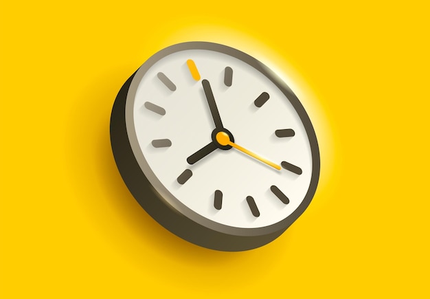 Icono de reloj en estilo plano 3D con brillo Tiempo en fondo amarillo Reloj de negocios