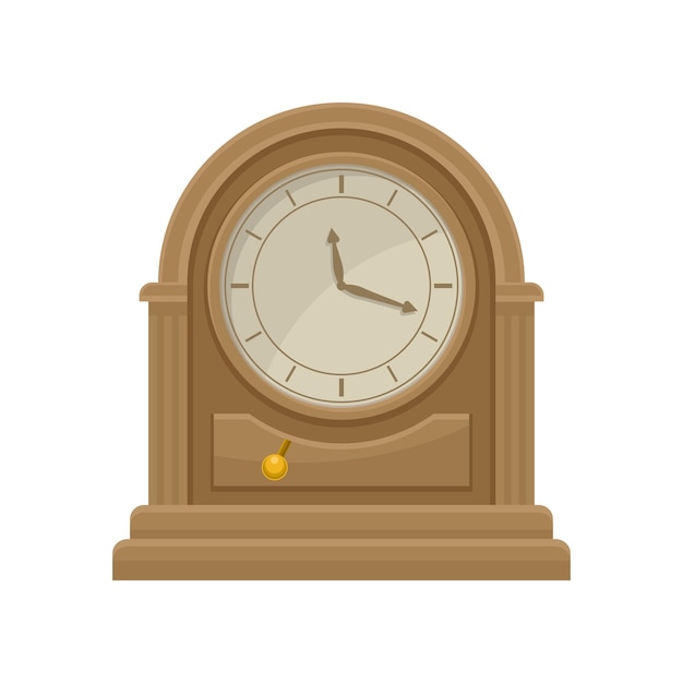 Icono de reloj de mesa de madera antiguo con péndulo dorado Elemento de decoración del hogar Vecror plano para póster promocional de antigüedades o tienda de souvenirs