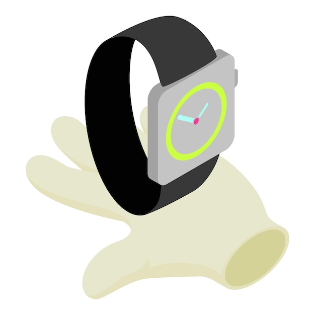 Vector icono de reloj de muñeca vector isométrico nuevo reloj modernos en la palma de la mano humana abierta icono de dispositivo electrónico concepto de tiempo