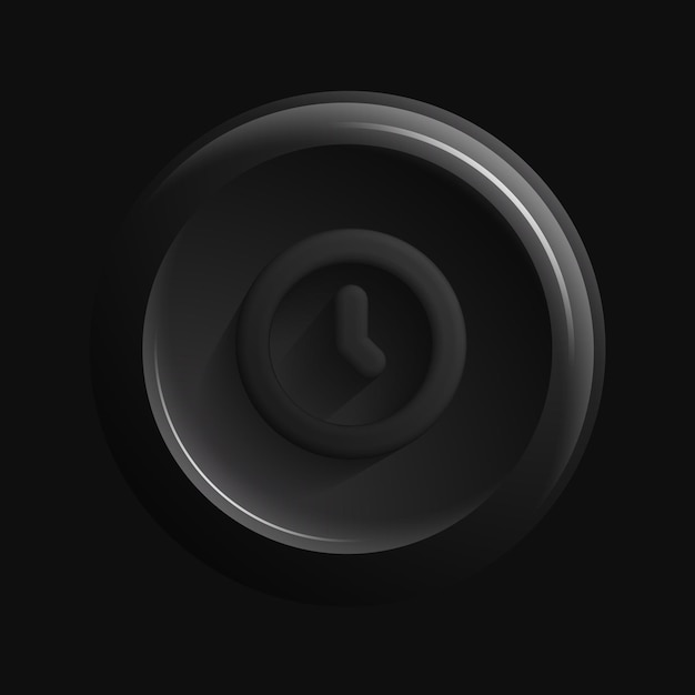 Icono de reloj negro aislado 3D Botón redondo de la aplicación Ilustración vectorial