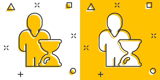 Icono de reloj y personas en estilo cómico Ilustración de vector de dibujos animados de tiempo de usuario sobre fondo blanco aislado Concepto de negocio de efecto de salpicadura de empresario