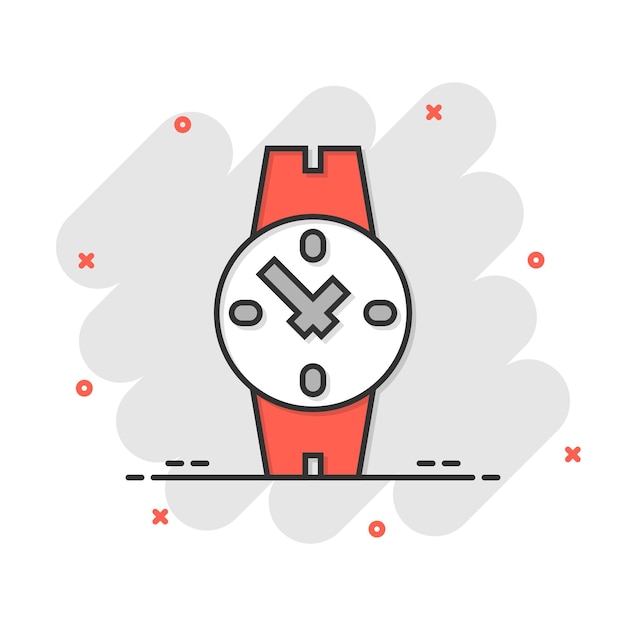 Icono de reloj de pulsera en estilo cómic Ilustración de vector de dibujos animados de reloj de mano sobre fondo blanco aislado Concepto de negocio de efecto de salpicadura de pulsera de tiempo