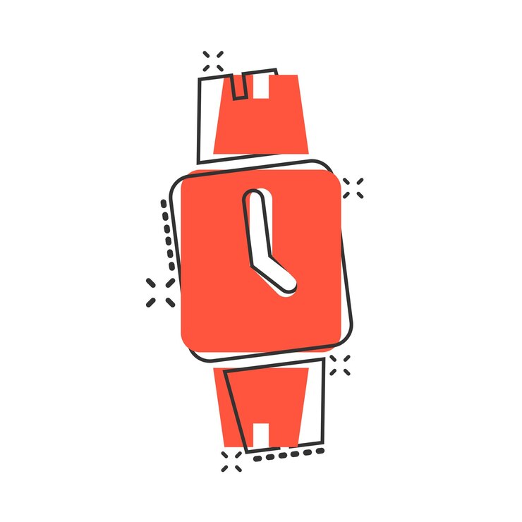 Vector icono de reloj de pulsera en estilo cómic ilustración de vector de dibujos animados de reloj de mano sobre fondo blanco aislado concepto de negocio de efecto de salpicadura de pulsera de tiempo