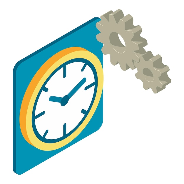 Icono del reloj vector isométrico Reloj mecánico de pared redondo y icono de dos engranajes Elemento interior del concepto del tiempo
