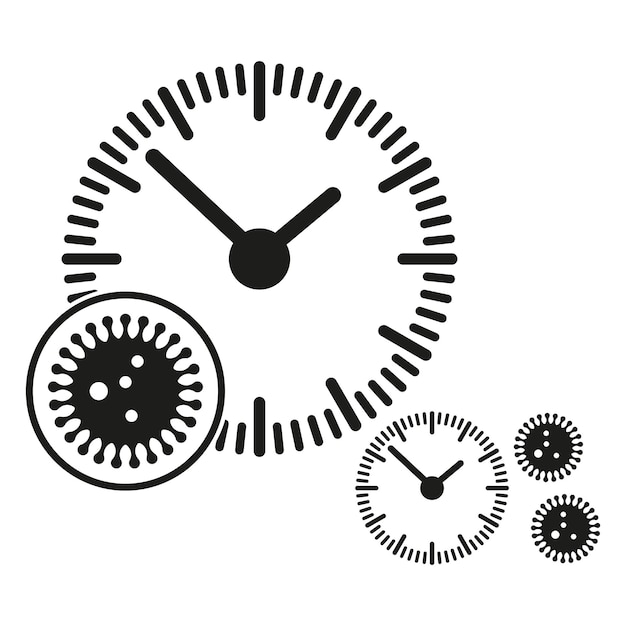 Icono de reloj y virus Concepto de tiempo y pandemia Diseño en blanco y negro Ilustración vectorial