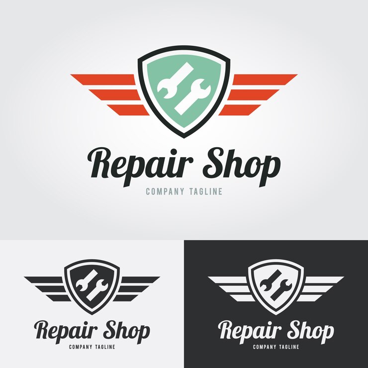 Icono de reparación, logotipo de reparación con escudo y alas