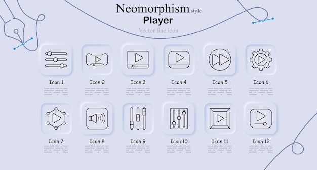 El icono del reproductor se establece en estilo de neomorfismo Equalizador botón de reproducción reproductor de video rebobine las configuraciones de reproducción nota de música audio control de sonido vector arte de línea