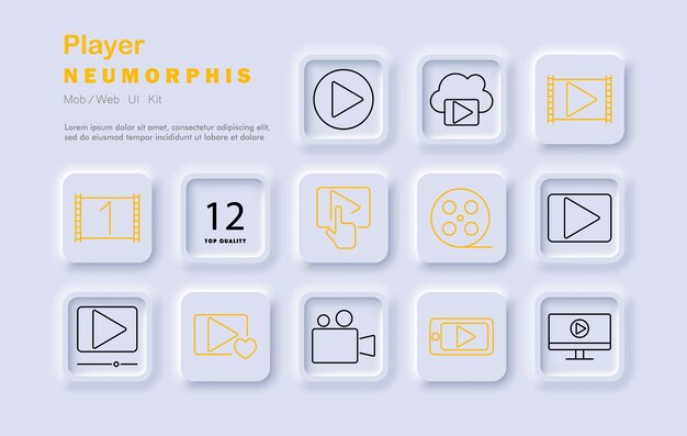 El icono del reproductor establece la pausa de la reproducción de la película de vídeo, el carrete de los medios de transmisión de la película, la observación del cine, el estilo neomórfico, el entretenimiento, el contenido digital.
