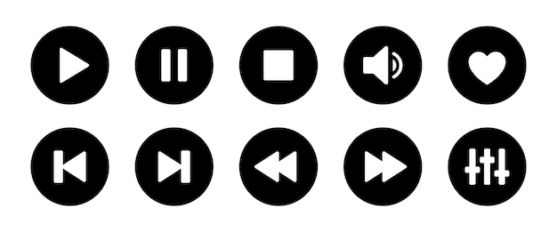 El icono del reproductor de música establecido con la pausa de reproducción siguiente al corazón anterior y el símbolo de configuración en color blanco y negro