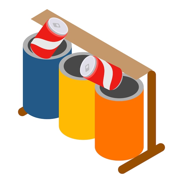 Icono de residuos inorgánicos vector isométrico Dos latas multicolores en bote de basura Clasificación y reciclaje concepto de ecología de basura