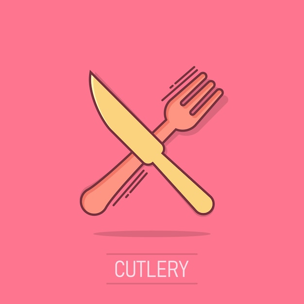 Icono de restaurante con tenedor y cuchillo en estilo cómico Equipo de cena Pictograma de ilustración de dibujos animados vectorial Concepto de negocio de restaurante Efecto de salpicaduras