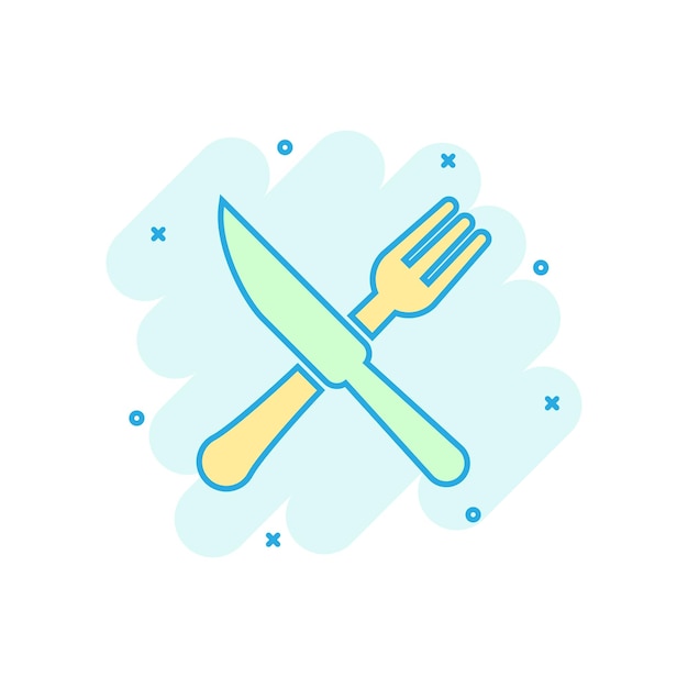Icono de restaurante de tenedor y cuchillo en estilo cómico Equipo de cena vector de dibujos animados ilustración pictograma Efecto de salpicadura de concepto de negocio de restaurante