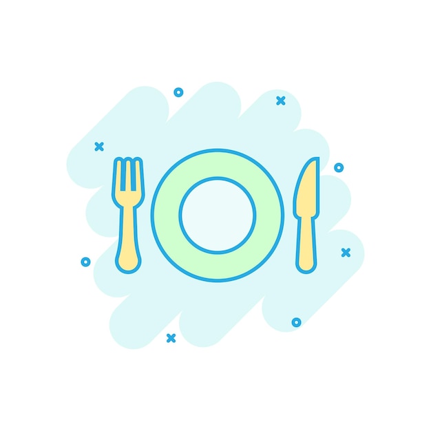 Icono de restaurante de tenedor y cuchillo en estilo cómico Equipo de cena vector de dibujos animados ilustración pictograma Efecto de salpicadura de concepto de negocio de restaurante
